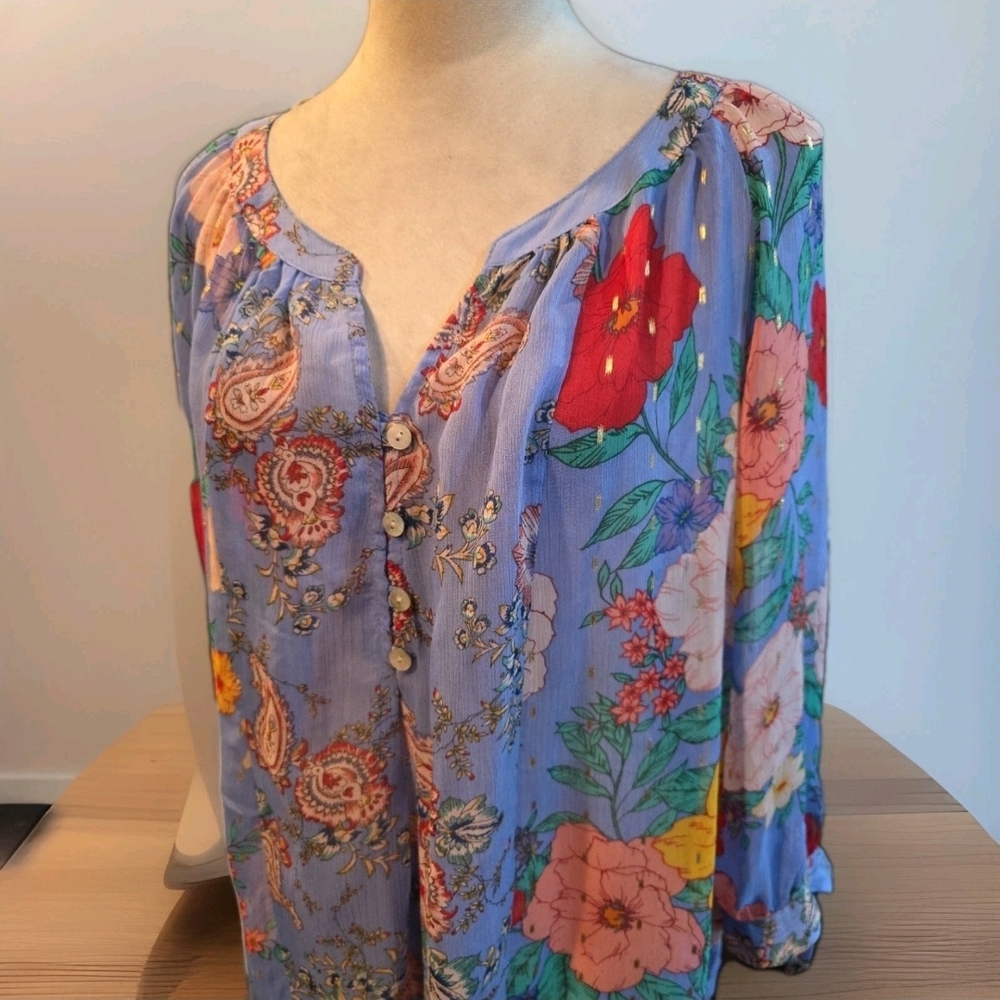 114 Floral Blue, Red And Gold Sheer Boho Women's Top - Picture 2 of 4